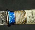 Авторский нож «Сафари» (мозаичный дамаск с никелем, кость моржа, стабилизированный бивень мамонта) скримшоу - фото №1