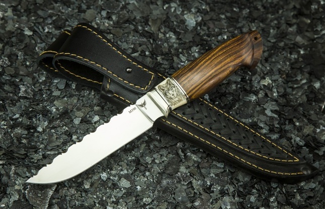 Нож «Вепрь» (М390, айронвуд, эльфорин) скримшоу "wolf"