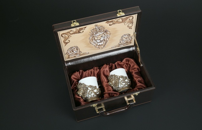 Чашка для кофе "Лев Vip" 2шт. в подарочном футляре с художественным оформлением беж.  200 мл - фото №6