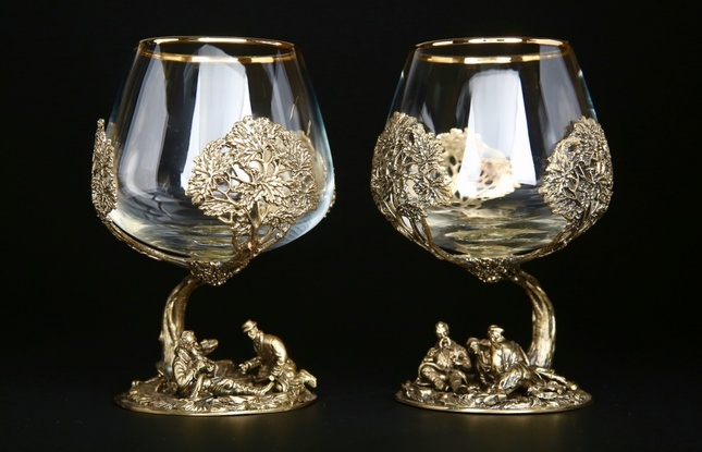 Бокал  для коньяка "Охотники на привале" 4 шт. в подарочном футляре с художественным оформлением  430 мл - фото №1