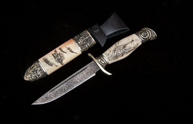 Авторская Финка «НКВД» (мозаичный дамаск с никелем, клык моржа) - фото №6
