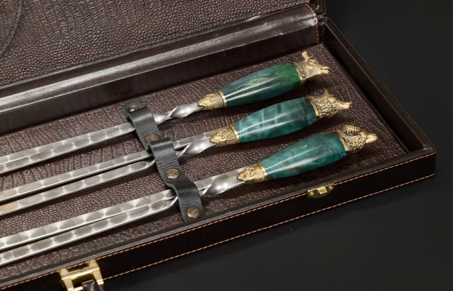 Набор шампуров в футляре «Презент 4» Зеленая карельская береза  - фото №2