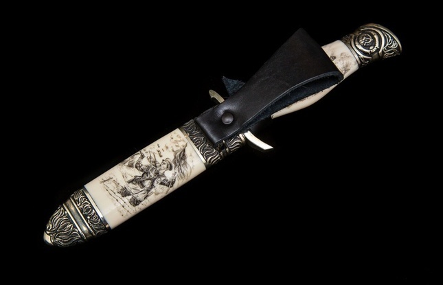 Авторская Финка «НКВД» (мозаичный дамаск с никелем, клык моржа) - фото №9