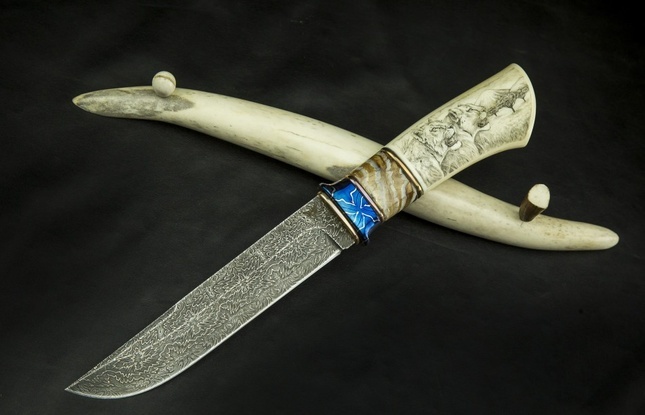 Авторский нож «Сафари» (мозаичный дамаск с никелем, кость моржа, стабилизированный бивень мамонта) скримшоу - фото №3