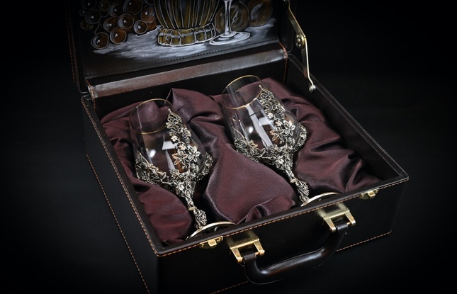 Набор бокалов для вина «Виноград» (2шт.) в подарочном футляре с художественным оформлением 450 мл - фото №1