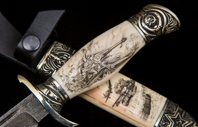 Авторская Финка «НКВД» (мозаичный дамаск с никелем, клык моржа) - фото №5