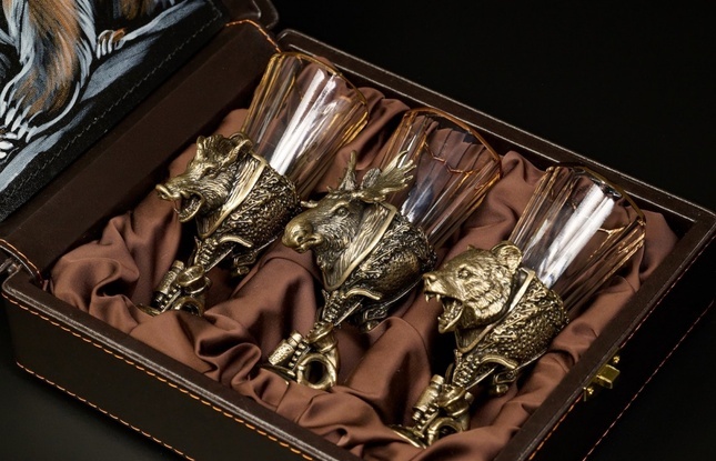 Набор лафитников «Охотничьи Трофеи" 3 шт.  в подарочном футляре с художественным оформлением  50 мл - фото №1