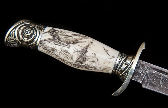 Авторская Финка «НКВД» (мозаичный дамаск с никелем, клык моржа) - фото №4