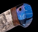 Авторский нож «Львиное сердце» (мозаичный дамаск с никелем, кость моржа, больстер мозайка) скримшоу с 2-х сторон - фото №5