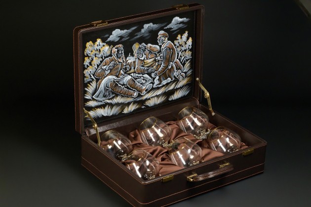 Бокал  для коньяка "Охотники на привале" эконом 430 мл 6 шт в подарочном футляре 