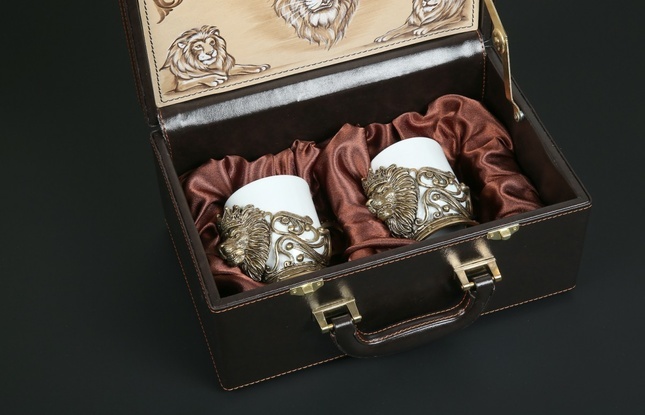 Чашка для кофе "Лев Vip" 2шт. в подарочном футляре с художественным оформлением беж.  200 мл - фото №7