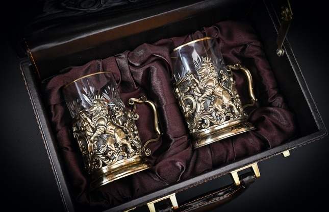 Набор подстаканников "Юбилейный 45 лет" 2 шт в подарочном футляре с художественным оформлением  250 мл - фото №2