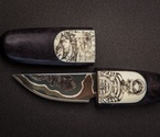 Авторский Нож «Флинт» (высокоуглеродистый ламинат обложенный никелевым дамаском, стабилизированная карельская береза, кость моржа) скримшоу