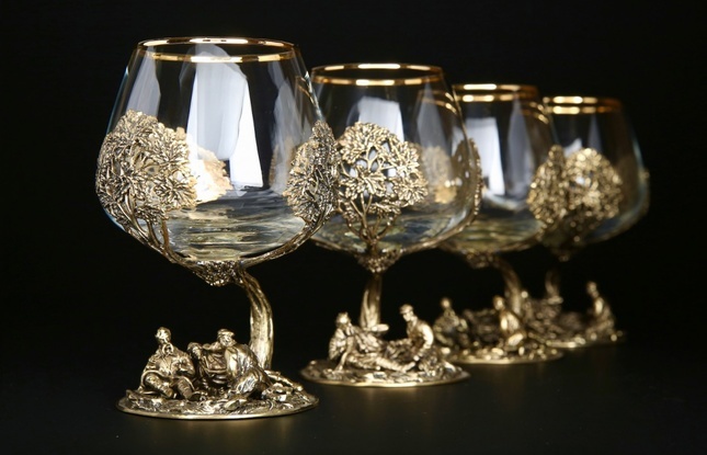 Бокал  для коньяка "Охотники на привале" 4 шт. в подарочном футляре с художественным оформлением  430 мл - фото №2