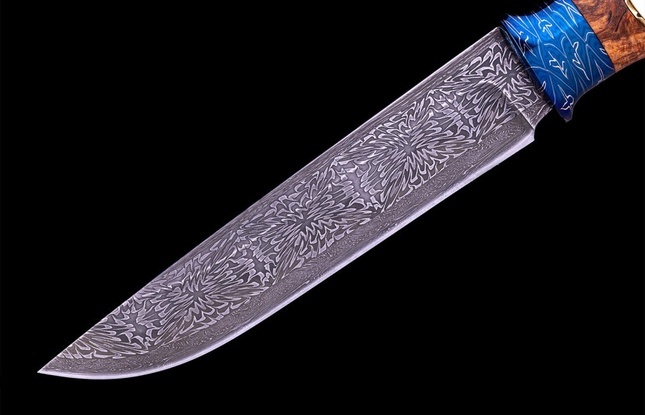 Авторский нож «Львиное сердце» (мозаичный дамаск с никелем, кость моржа, больстер мозайка) скримшоу с 2-х сторон - фото №3