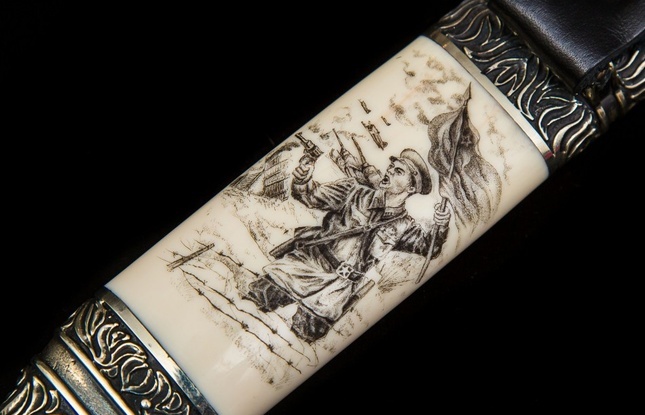 Авторская Финка «НКВД» (мозаичный дамаск с никелем, клык моржа) - фото №7