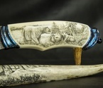 Авторский нож «Медвежья тропа» (мозаичный дамаск с никелем, клык моржа, больстры мозайка) скримшоу - фото №3