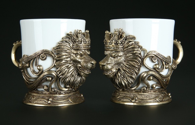 Чашка для кофе "Лев Vip" 2шт. в подарочном футляре с художественным оформлением беж.  200 мл - фото №1