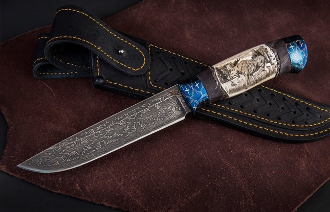 Авторский Нож «Охотник» (мозаичный дамаск с никелем, кость моржа, больстер мозайка) скримшоу - фото №4